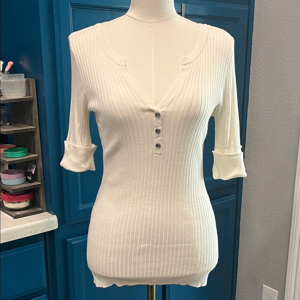 INC International Concepts Cream Button Down Ribbed Top